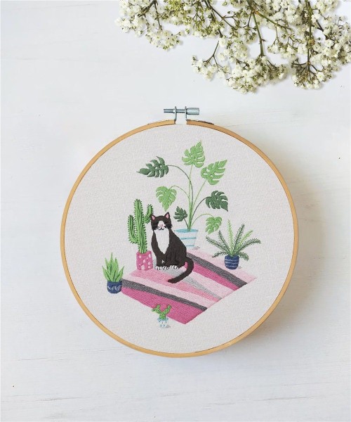Cat Embroidery pattern Hand Embroidery Kit Cat Embroidery Hoop Wall Art Kit  Full kit line art